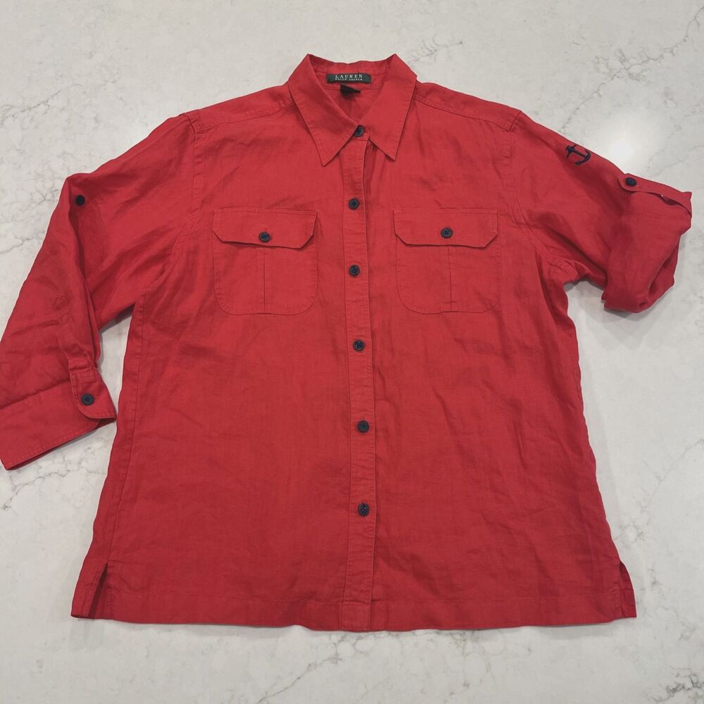 Lauren Ralph Lauren Top Large Red Linen Anchor Embroidered Costal Resort Casual